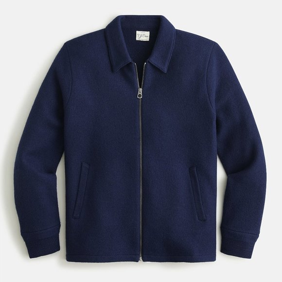 NWT J Crew 100% Boiled Merino Wool Full Zip Coach's Sweater Jacket in Navy Blue